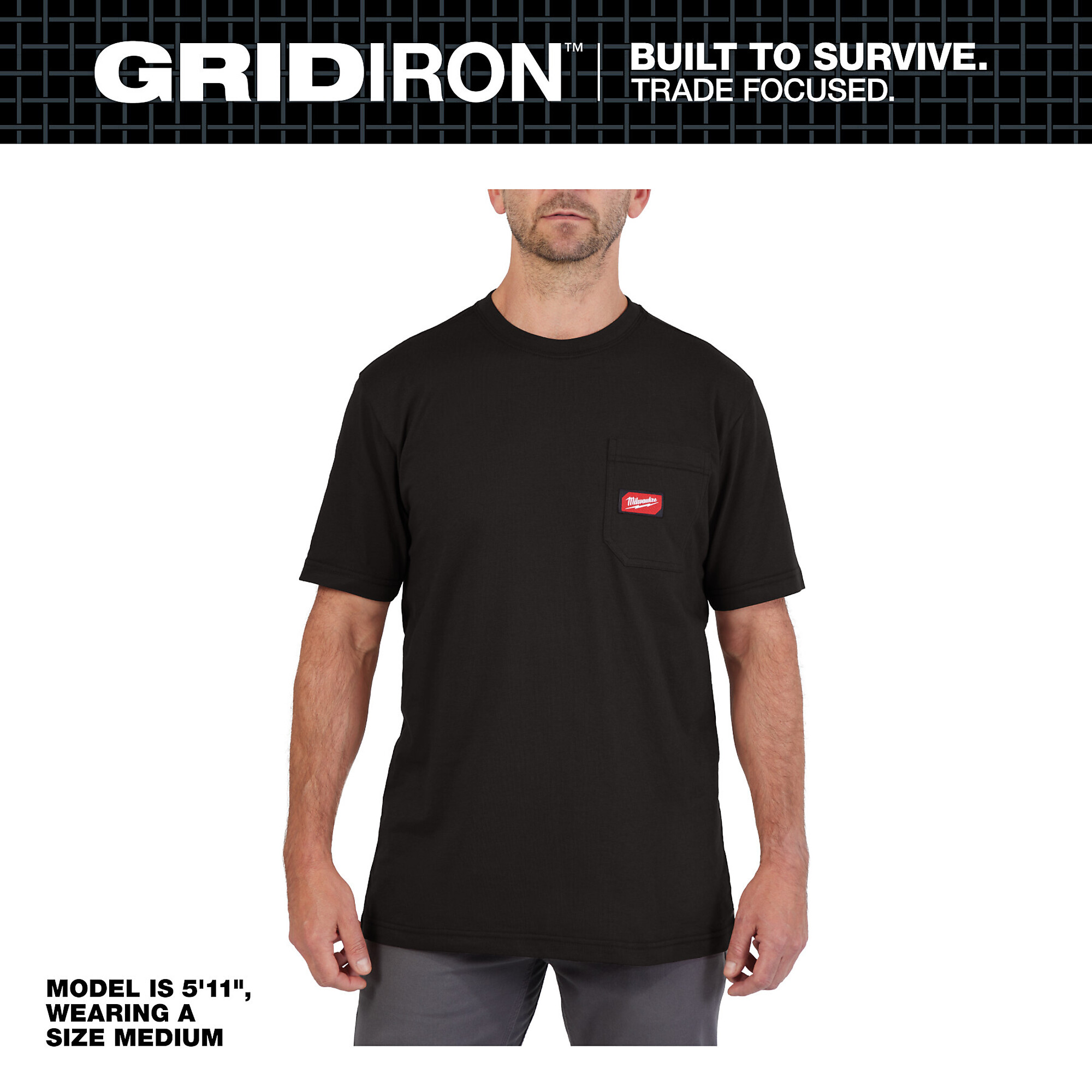 Milwaukee, GRIDIRON Pocket T-Shirt - Short Sleeve Black - Medium, Size M, Model# 605B-M